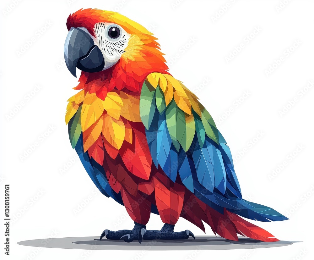 Fototapeta premium vibrant, colorful parrot with red, yellow, and blue feathers stands proudly, showcasing its unique geometric design and lively expression