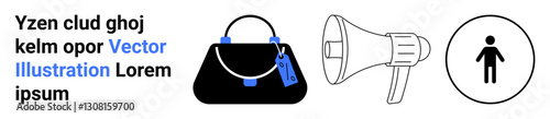 Handbag with tagged accents, loudspeaker, and human silhouette in circle. Ideal for fashion, promotion, awareness, communication, shopping, marketing concepts flat landing page banner
