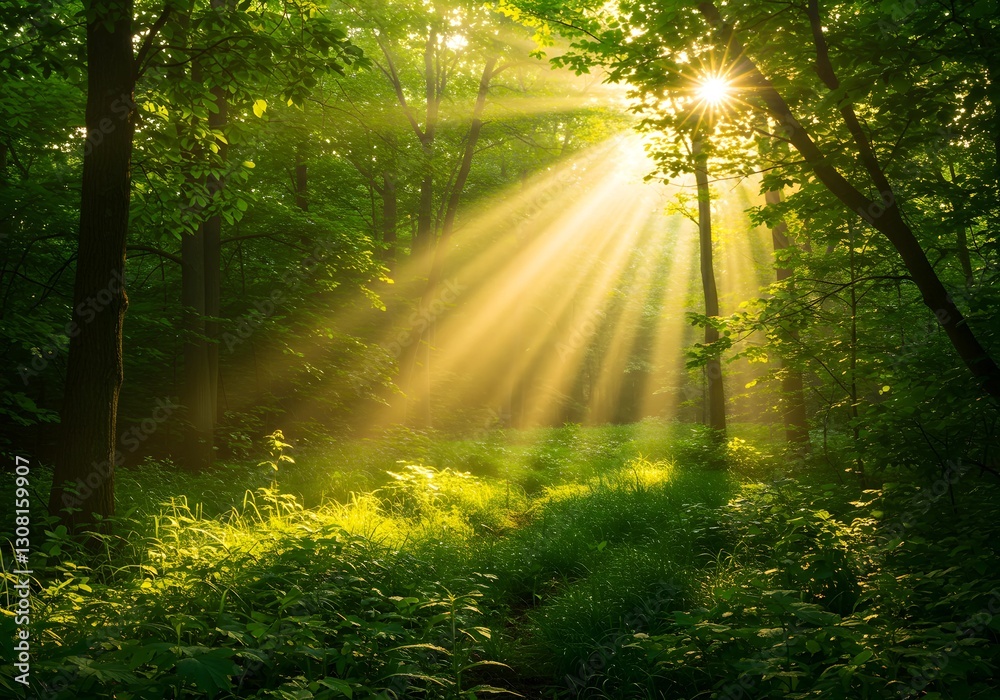 Fototapeta premium Beautiful rays of sunlight in a green forest. Generative AI.
