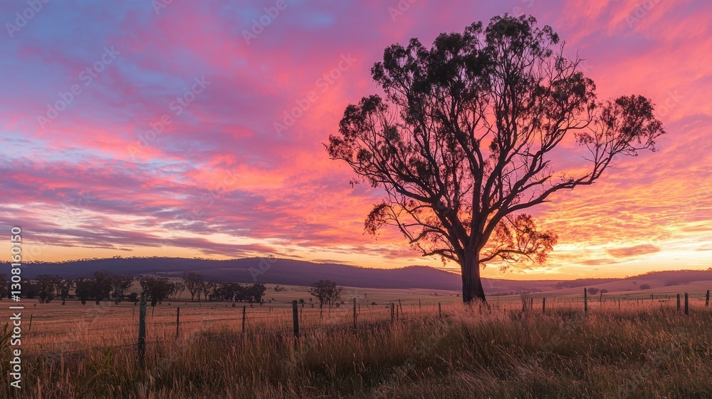 A pastoral scene with a lone tree standing in the glow of a vibrant sunrise. A pastoral scene with a lone tree standing in the glow of a vibrant sunrise.