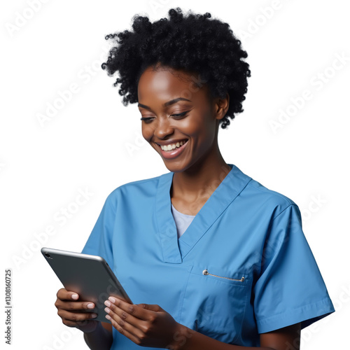 A smiling Black nurse wearing blue scrubs looks down at and uses a tablet