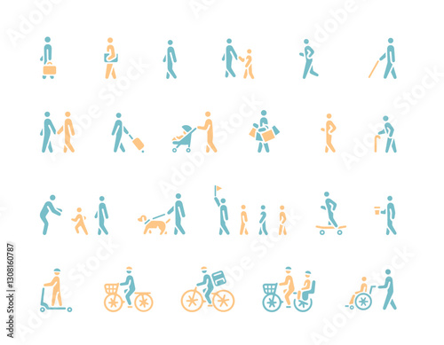 Icon illustration of various people moving