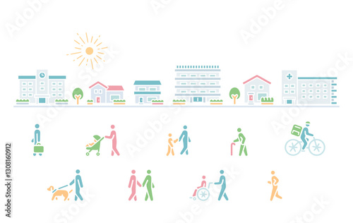 City facilities, buildings and people walking