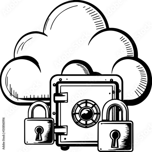 SVG vector features cybersecurity hacking and protocols. Cloud Storage Concept with Secure Safe and Padlocks