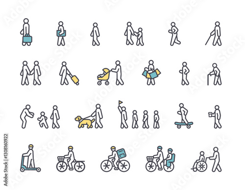 Icon illustration of various people moving