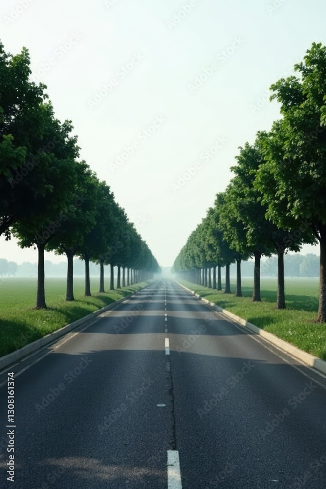 Serene Asphalted Roadway Lined with Lush Green Trees on a Misty Morning Serene Asphalted Roadway Lined with Lush Green Trees on a Misty Morning
