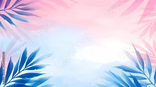 Tropical leaves painted in watercolor style create a calm background with pink and blue colors ideal for artistic and summer designs.