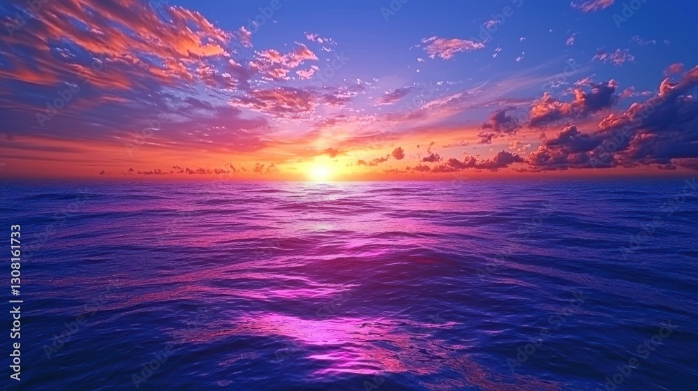 Fototapeta premium A peaceful ocean scene with the waves reflecting the vibrant colors of a beautiful sunset.