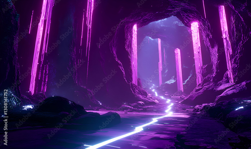 Obraz premium Purple cave glowing path, dark interior