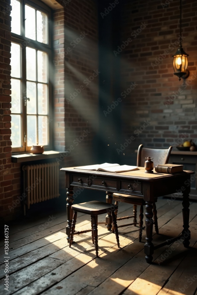 Sunlit Study Antique Desk, Wooden Stool, and Open Book in a Rustic Brick Room Sunlit Study Antique Desk, Wooden Stool, and Open Book in a Rustic Brick Room