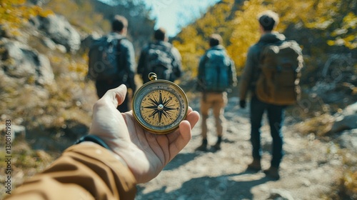 A person extending their hand with a compass towards a group of fellow travelers