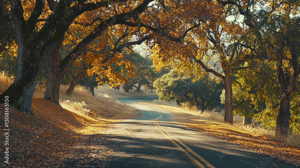 Obraz premium A picturesque oak tree-lined road during autumn, with colorful leaves falling.