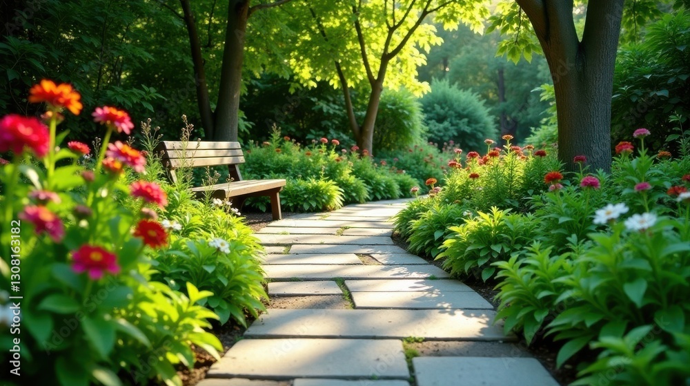 Obraz premium Serene Garden Path with Wooden Bench and Vibrant Blossoms