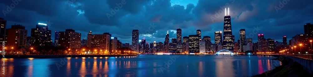 Fototapeta premium Cityscape, river, lights, Chicago skyline at night, highrise, cityscape, dark sky