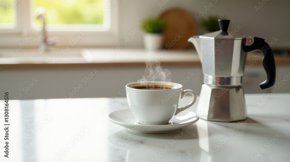 Aromatic Steam Rising from a Cup of Freshly Brewed Coffee Beside a Sleek Coffee Maker on a Pristine Kitchen Counter Aromatic Steam Rising from a Cup of Freshly Brewed Coffee Beside a Sleek Coffee Maker on a Pristine Kitchen Counter