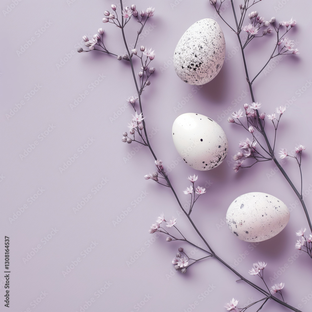 Three elegant speckled white Easter eggs surrounded by delicate pink blossoms on a soft lilac background. A serene and artistic holiday composition. Three elegant speckled white Easter eggs surrounded by delicate pink blossoms on a soft lilac background. A serene and artistic holiday composition.