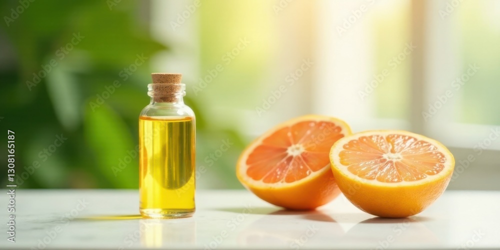 A small bottle of citrus essential oil sits on a pristine white surface, accompanied by two halves of a vibrant, juicy citrus fruit, bathed in soft, natural light. A small bottle of citrus essential oil sits on a pristine white surface, accompanied by two halves of a vibrant, juicy citrus fruit, bathed in soft, natural light.