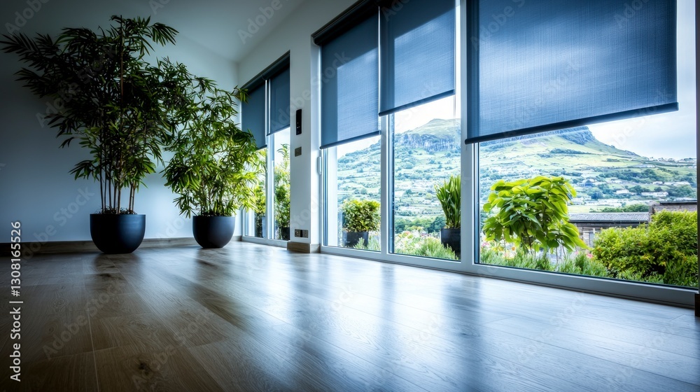 Fototapeta premium Modern Room with Panoramic Window Automated Blinds and Plants