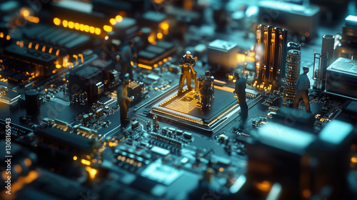 Mini figures work on a computer chip in a close-up, high-tech setting