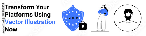 GDPR shield with lock, thoughtful woman holding chin, user avatar outline. Ideal for data security, privacy rights, legal updates, online platforms, user protection, compliance systems flat landing
