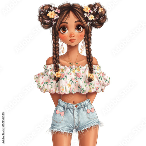 A delightful cartoon-style girl with warm brown skin, sparkling large brown eyes, and intricately braided hair adorned with tiny floral accessories, transparent background, PNG