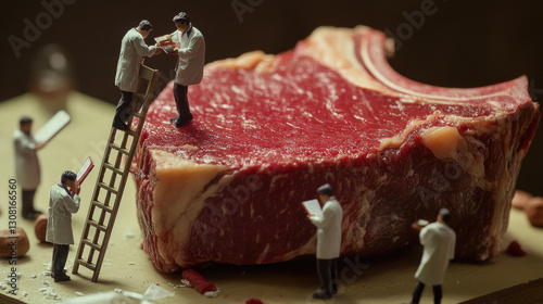 Miniature doctors inspecting a raw ribeye steak on a brown table, blurred background