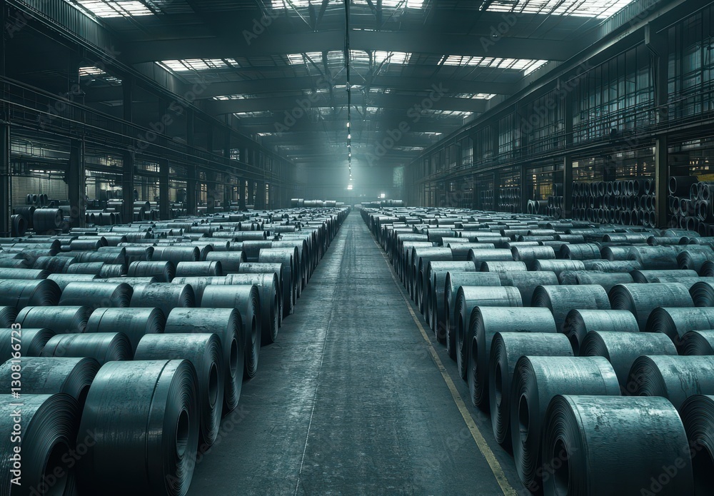 Fototapeta premium Industrial warehouse interior with numerous steel coils arranged in an organized manner beneath a beautifully lit ceiling for manufacturing or construction purposes