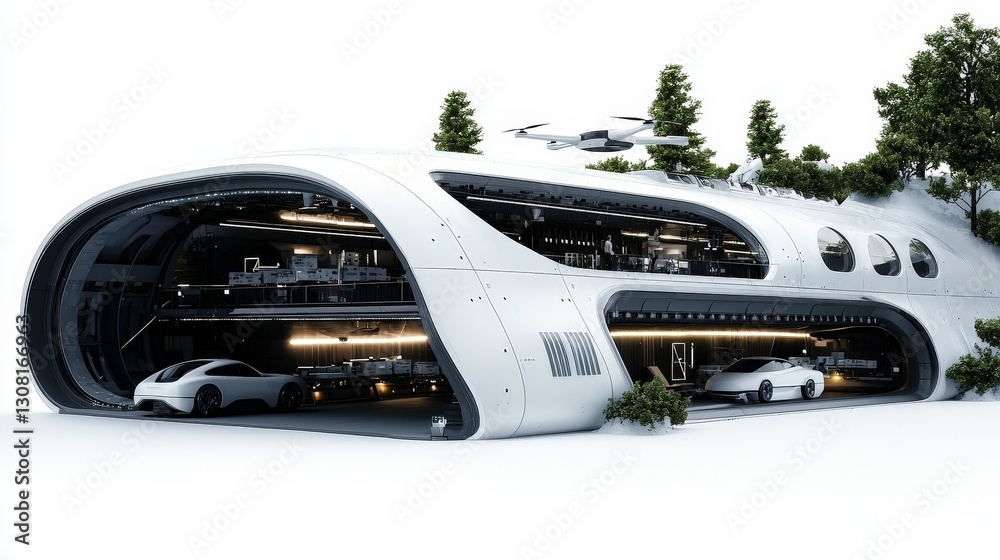 Obraz premium futuristic urban delivery hub featuring sleek architecture, greenery, and advanced vehicles. This innovative design emphasizes sustainability and