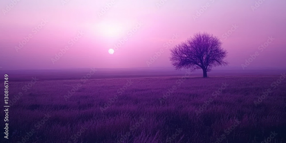 A quiet field bathed in the surreal light of a purple sunset, with a single tree on the horizon. A quiet field bathed in the surreal light of a purple sunset, with a single tree on the horizon.