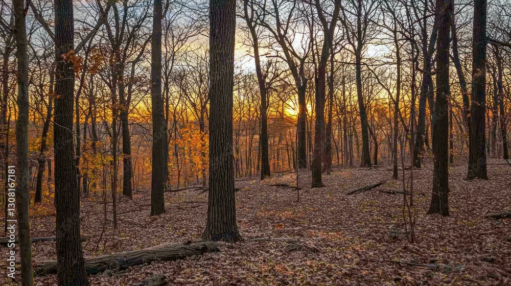 Obraz premium A quiet forest waking up to the soft light of sunrise filtering through the trees.