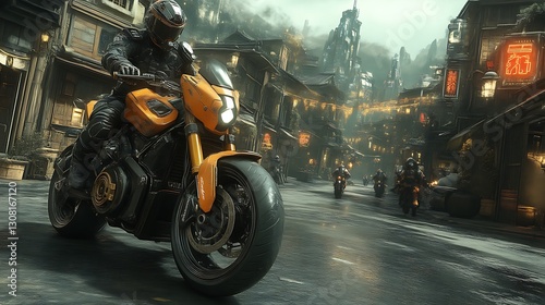 Futuristic Motorcyclist Rides Through a Cyberpunk City Street photo