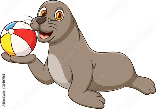 Cute seal cartoon playing with a beach ball, perfect for summerthemed designs, travel brochures, childrens books, and aquaticthemed projects.