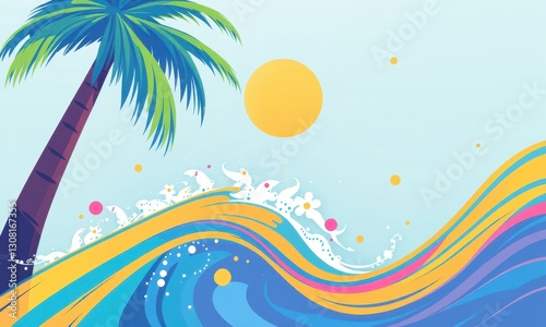 Illustration of a Tropical Beach Scene Featuring a Vibrant Palm Tree, Rolling Ocean Waves, a Bright Sun, and a Tranquil Sky