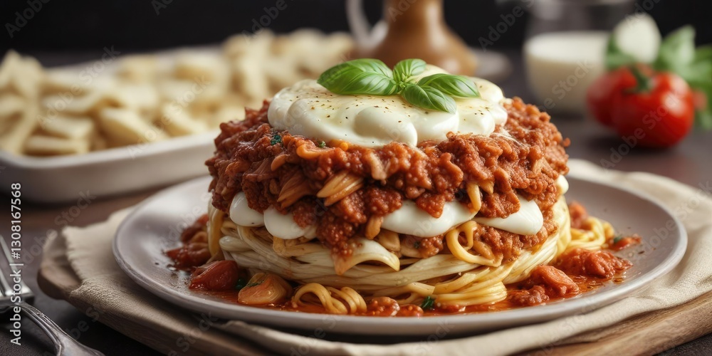 Fototapeta premium Layered pasta dish with rich bolognese sauce and melted mozzarella cheese , bolognese sauce, Italian cuisine