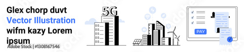 High-rise buildings with 5G tower, eco-friendly wind turbines, and digital payment form with Pay button. Ideal for technology, sustainability, finance, innovation, energy, communication and modern