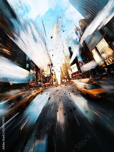 dynamic cityscape with sense of motion, showcasing bustling street scene filled with energy and movement