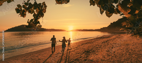 Фотография family running at sunset on the beach