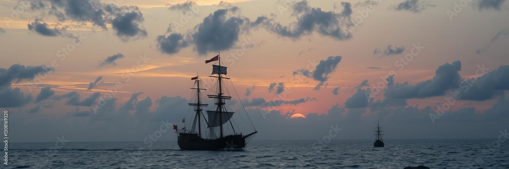 Fototapeta premium Ancient Greek merchant ship sailing on calm sea at sunset with cloudy sky in background, tranquil, historical