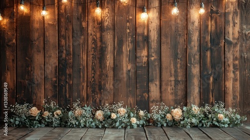 A rustic barn wedding background with wooden textures and hanging lanterns