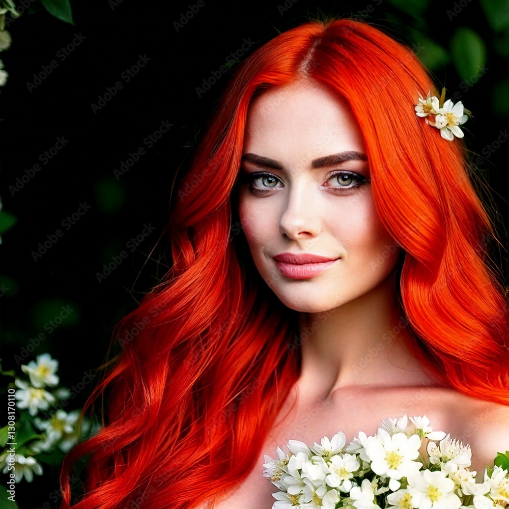 Naklejka premium a portrait of an woman with red hair and flowers; depicting her beauty