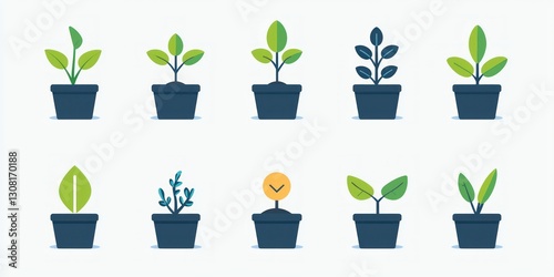A scalable vector icon set in a clean flat style, featuring universal business themes like growth and success.
