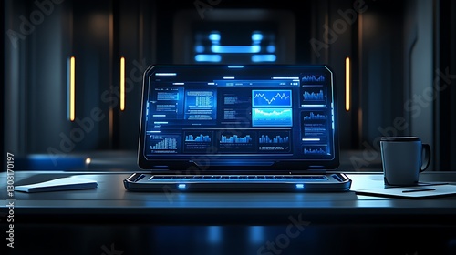 Futuristic Laptop Displays Financial Data Graphs