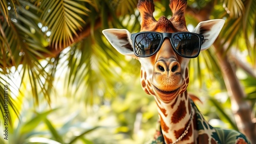 A comical giraffe wearing sunglasses and a Hawaiian shirt, surrounded by lush green jungle foliage, sunglasses, foliage