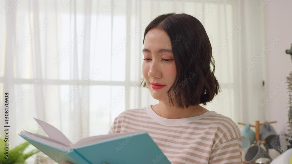 Asian young beautiful woman reading a book in kitchen room at home. Asian young beautiful woman reading a book in kitchen room at home.