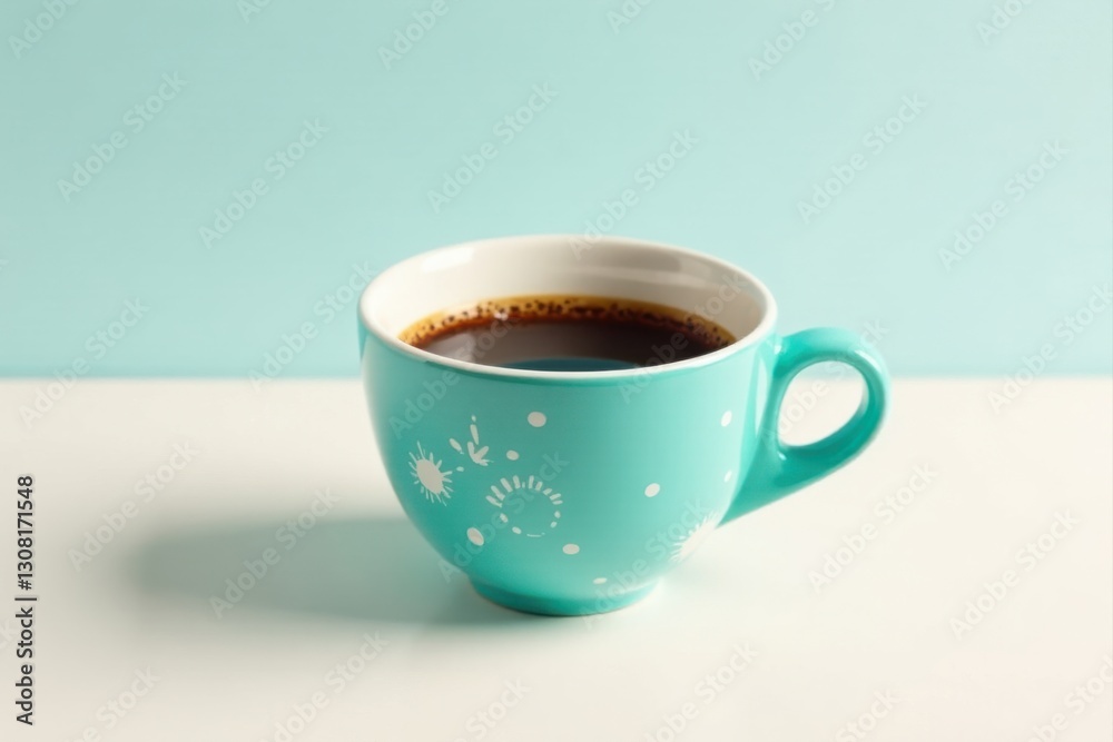 A teal cup of coffee with a simple design rests on a white surface against a light blue background A teal cup of coffee with a simple design rests on a white surface against a light blue background