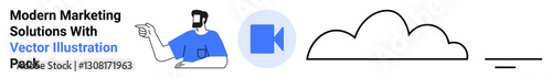 Male figure gesturing, video camera icon, and stylized cloud signifying digital interaction. Ideal for marketing, technology, video communication, education, teamwork, cloud computing flat landing