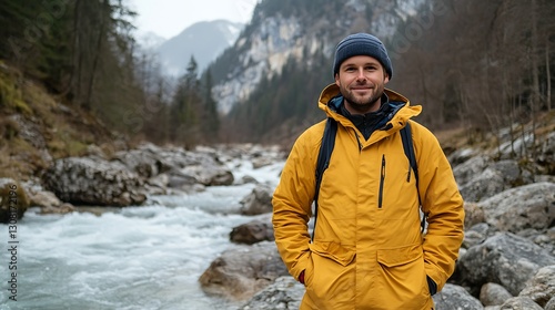 Hiker Poses Mountain Stream