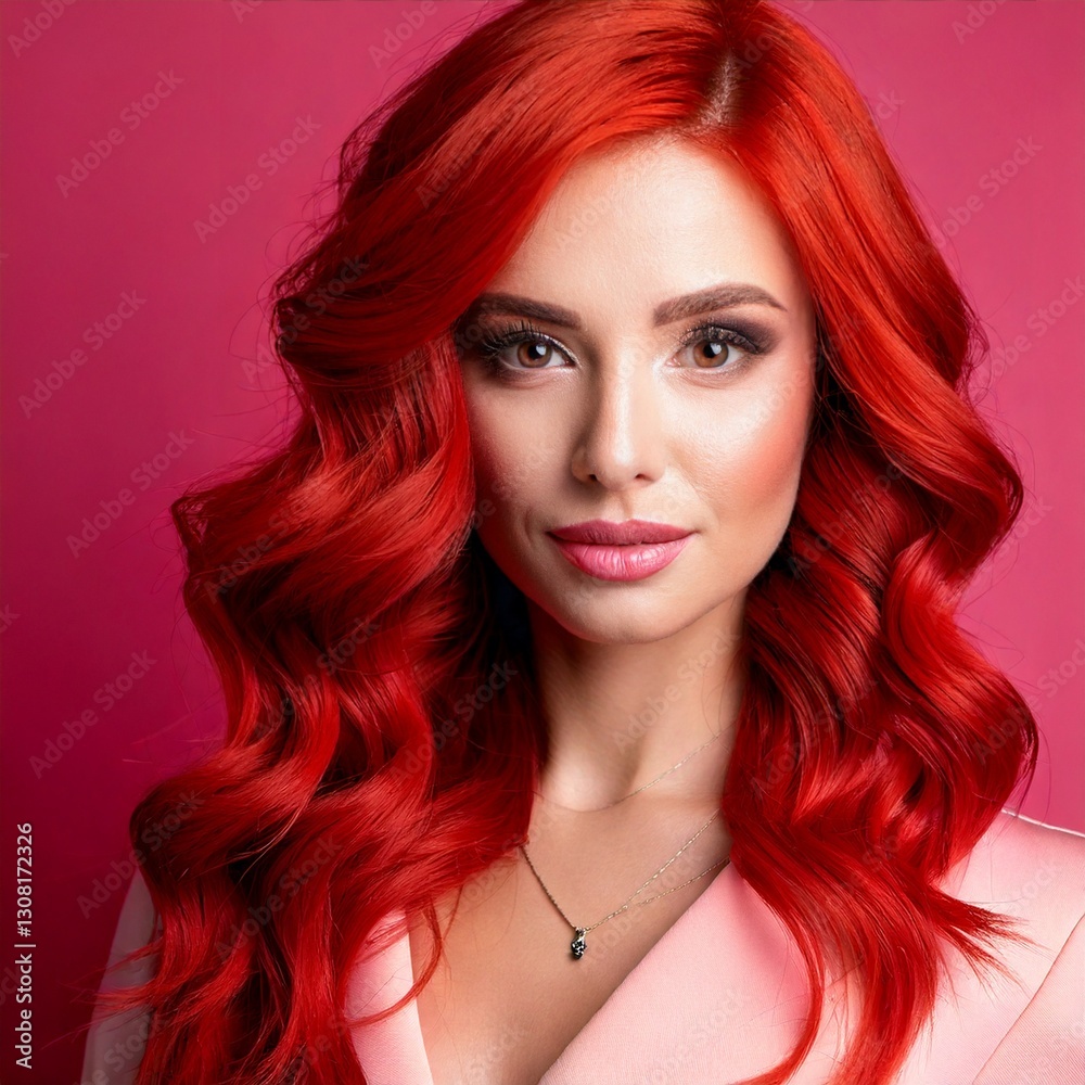 Fototapeta premium a portrait of an woman with red hair on stylish pose in pink studio; fashion photo