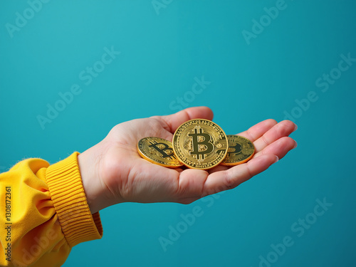 Hand holding golden cryptocurrency coins digital finance concept on blue background
