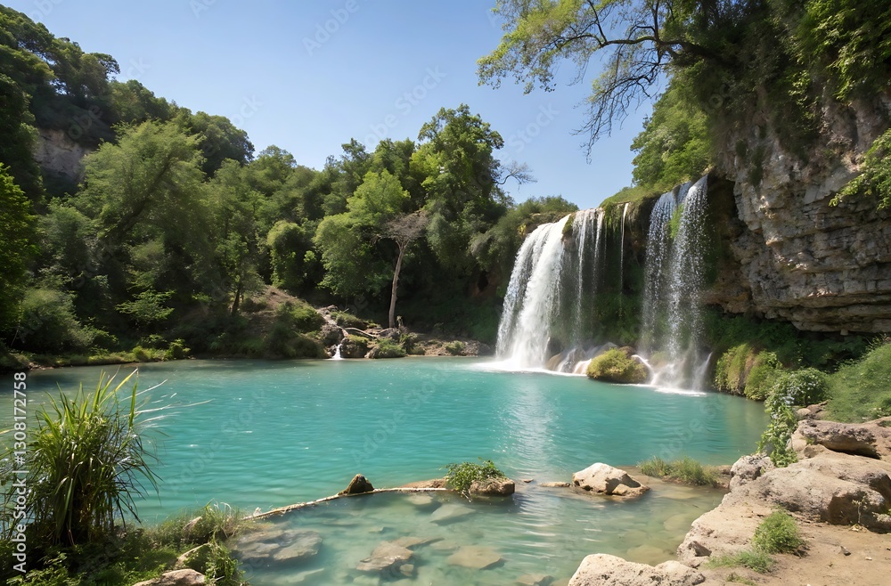 Fototapeta premium Turquoise lagoon with waterfall, natural landscape, scenic beauty, tranquil water, lush greenery, rocky cliffs, clear sky, peaceful environment, outdoor nature.